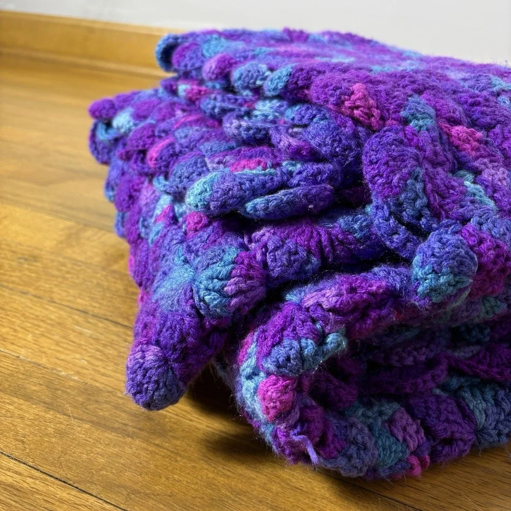Handmade Crochet Blue Purple Pink Granny Square Style Retro Afghan Blanket VTG‎